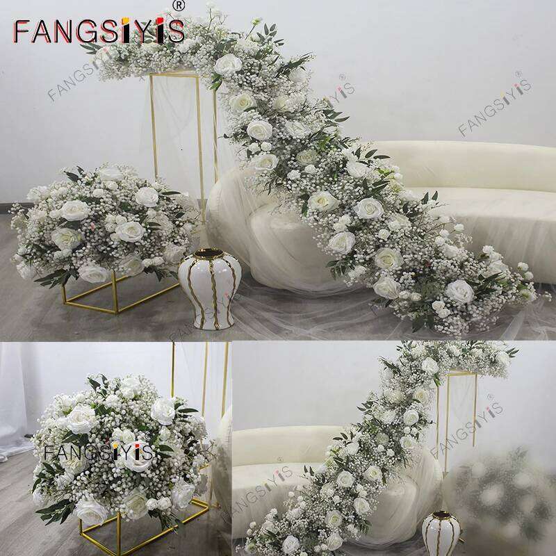 Custom Baby Breath Rose Row Wedding Backdrop Arch Arrangement Party Centerpieces Ball Event Table Flower Runner W260130