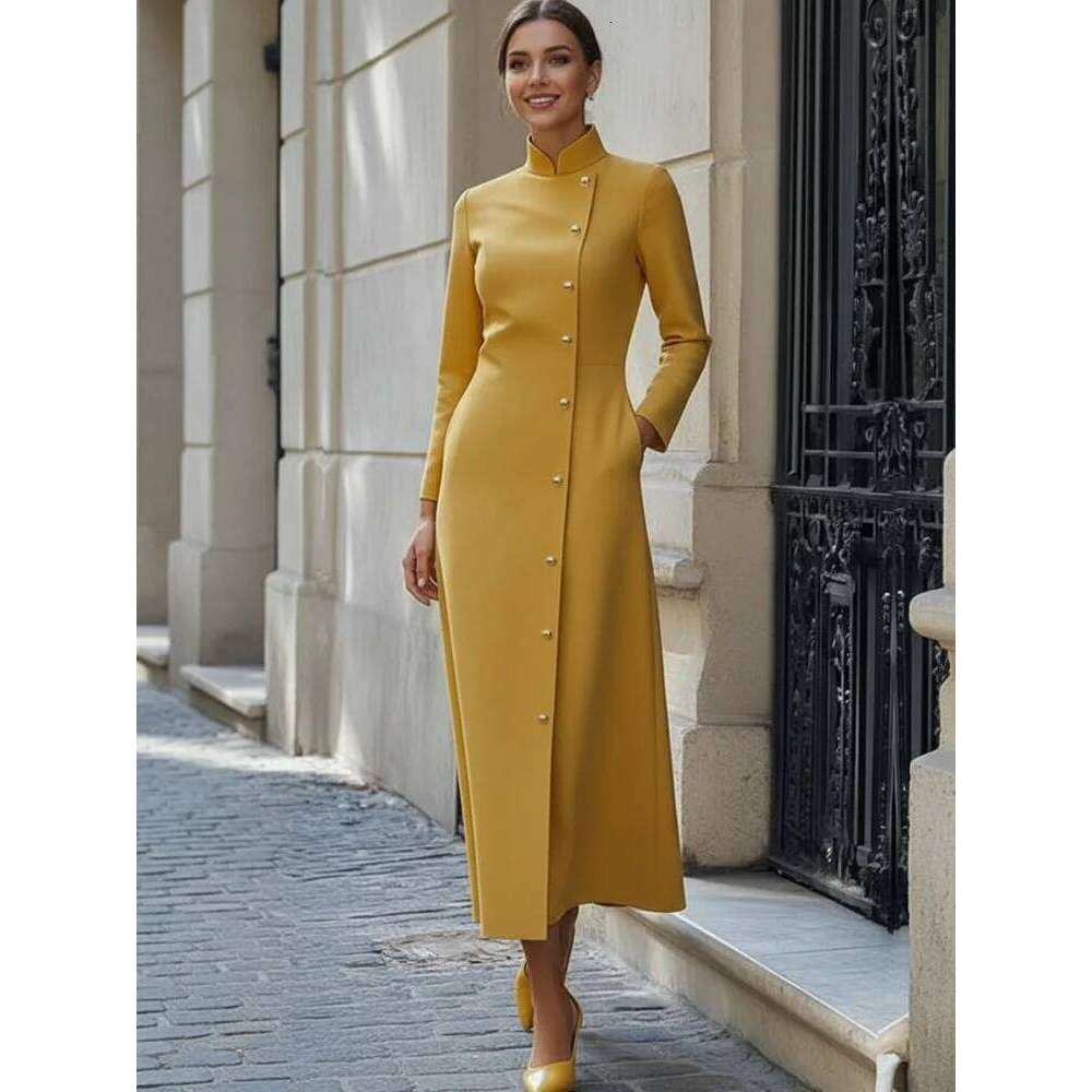 Freeacy Solid Color for Women Stand Collar Long Sleeves Single-breasted H-Line Midi Autumn Fashion High Street Dress XJ260130