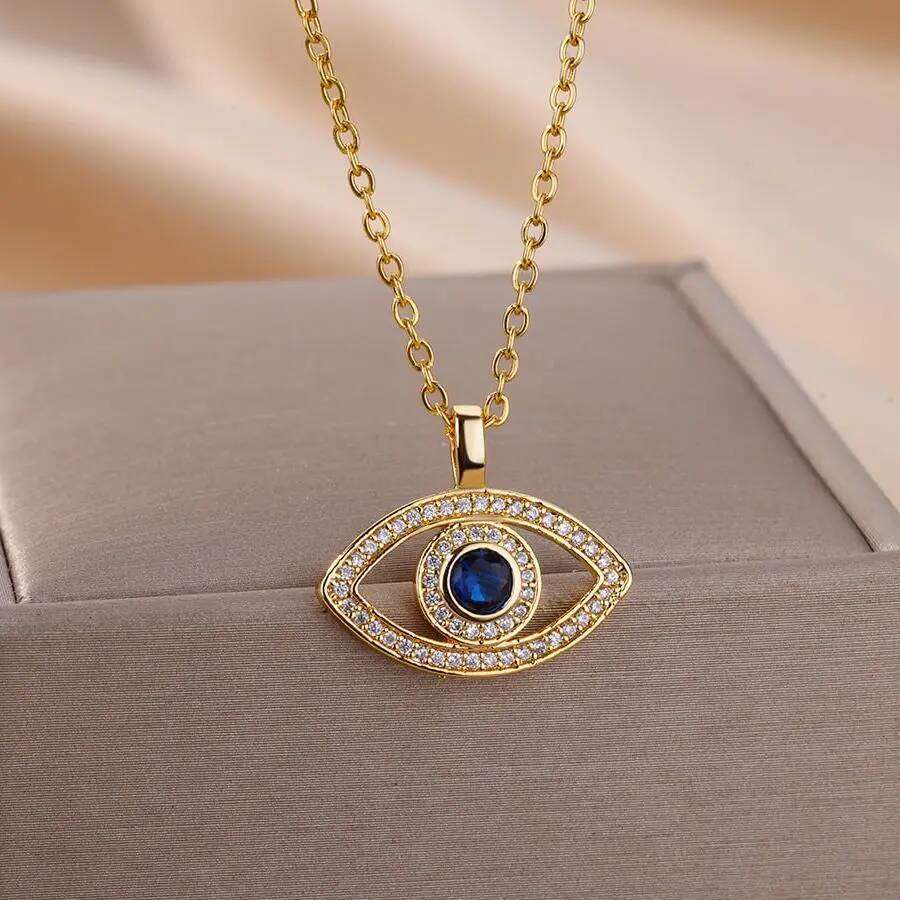 Zircon Blue Evil Necklace for Women Gold Color Stainless Steel Turkish Eye Pendant Necklaces Lucky Jewelry Gift collier femm