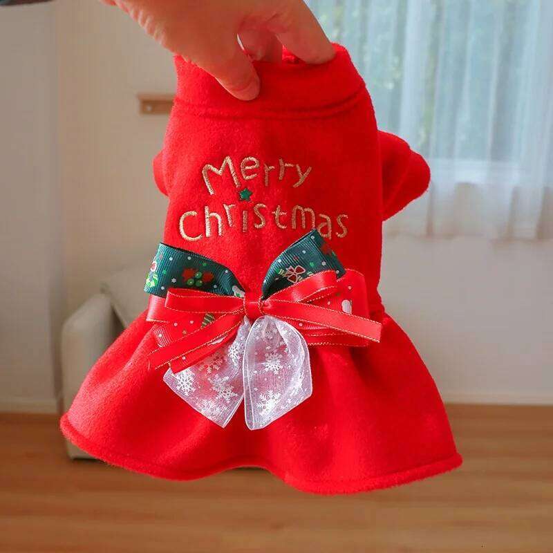 Pet Dog Merry Christmas Dress Gold Embroidery Red Green Checked Bow White Snowflake Transparent Yarn H260130