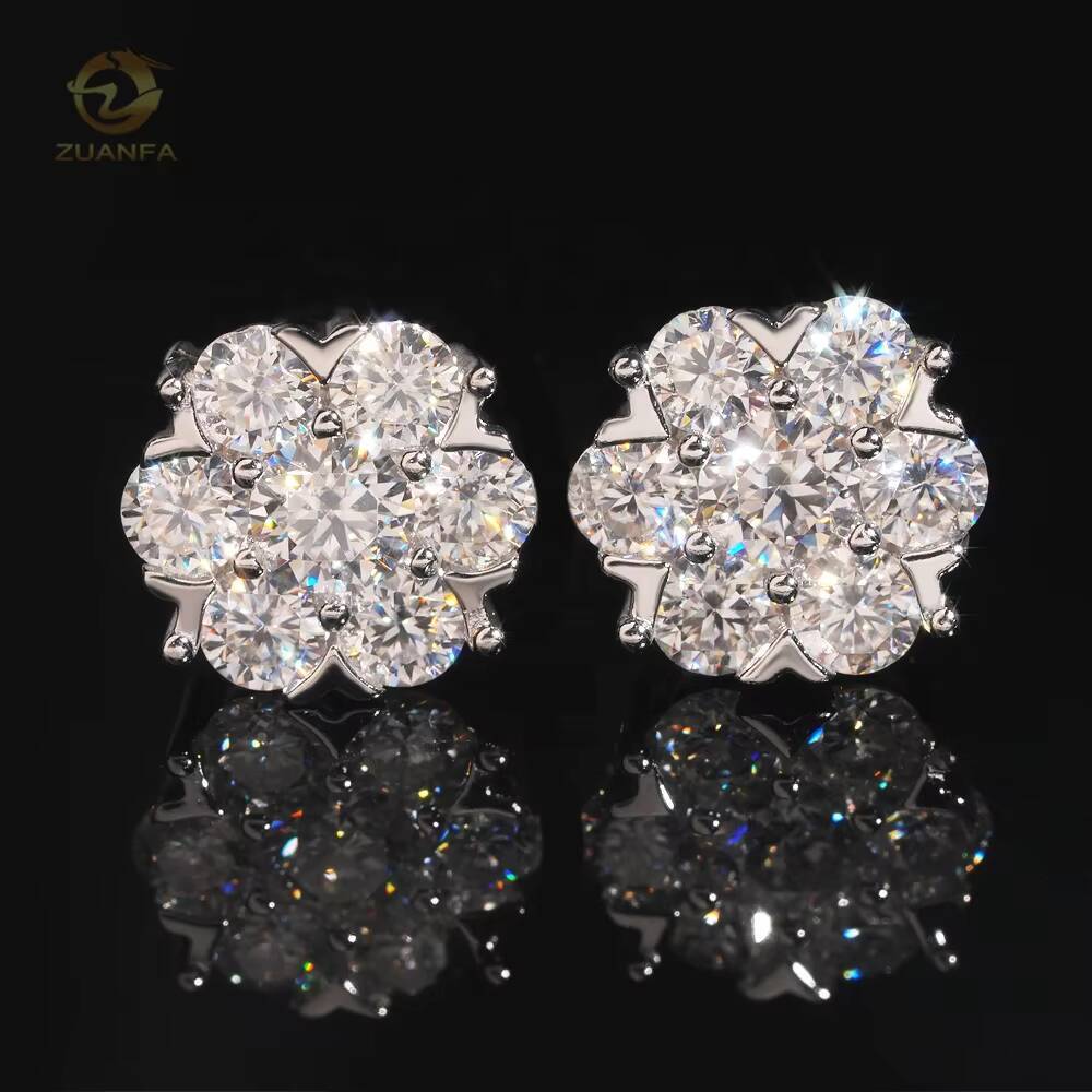 High Quality Shining Bling Flower Hip Hop 925 Silver Diamond Stud Moissanite Earrings