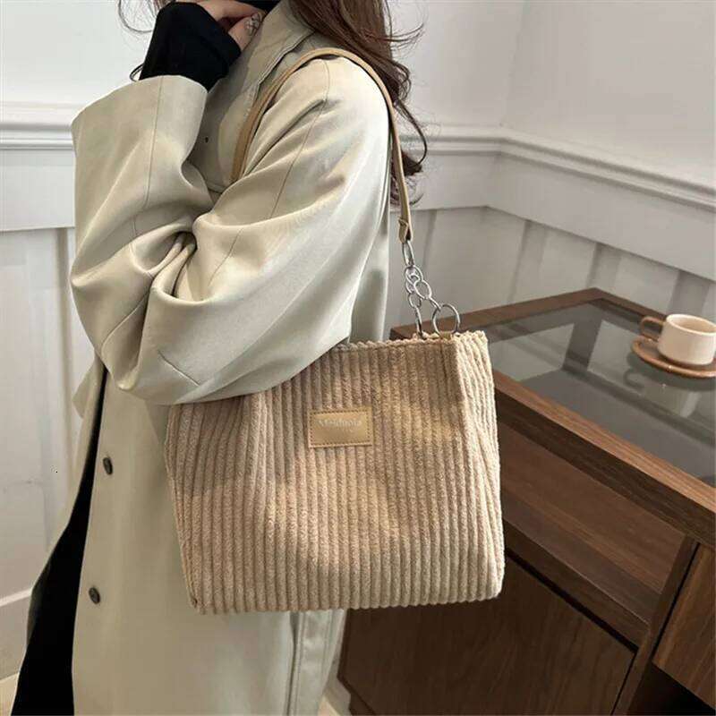 Chic Corduroy Tote Spacious Trend Chain & Leather Accents Handbag for Women Shoulder Shopping Bag, Suitable Daily Commute Z260130