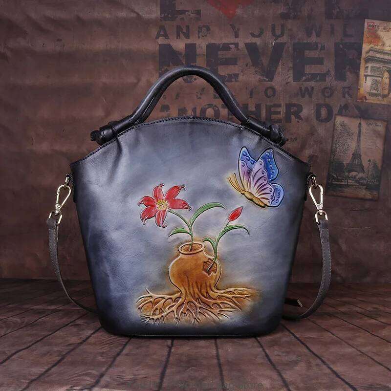 Women S Fashion Emboss Elegant Retro Handbag Bucket Shoulder Crossbody Bag National Style Top Handle Office Daily KABAHEBINGJUE