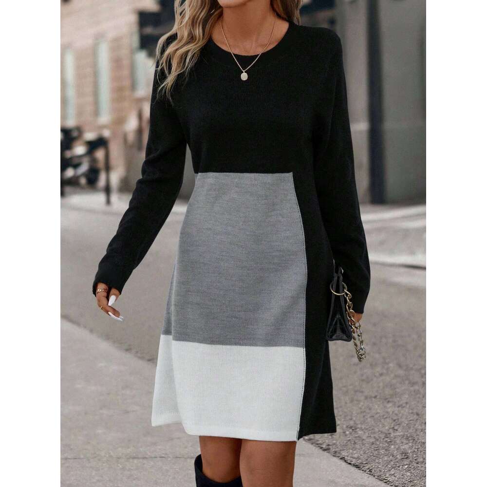 Colorblock Round Dress, Casual Long Sleeve Crew Neck Dress Fall & Winter, Women's Clothing for Daily Wear XJ260130