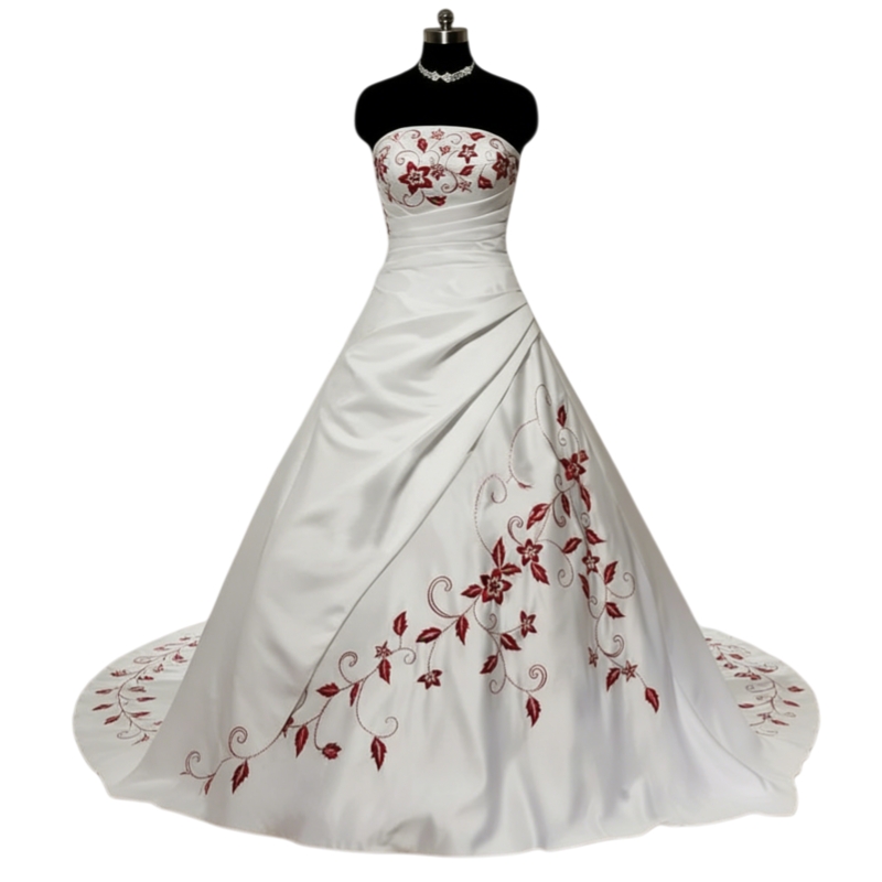 Elegant Burgundy Embroidery Wedding Dresses White Satin A-Line Bridal Gowns Court Train 2026 Chic Bride Dress