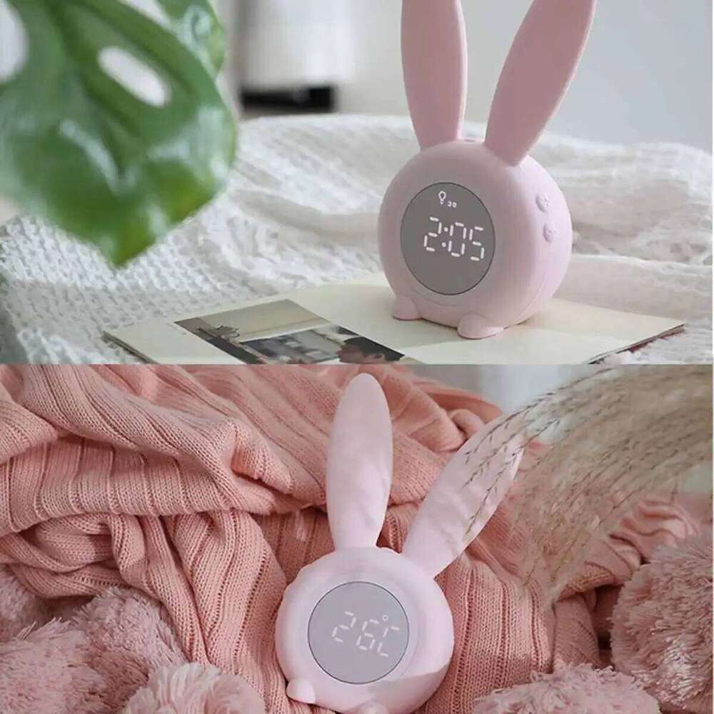 Bunny Ear Digital Alarm Electronic LED Display Sound Control Cute Rabbit Night Lamp Snooze Desk Clock Home Decoration W260130