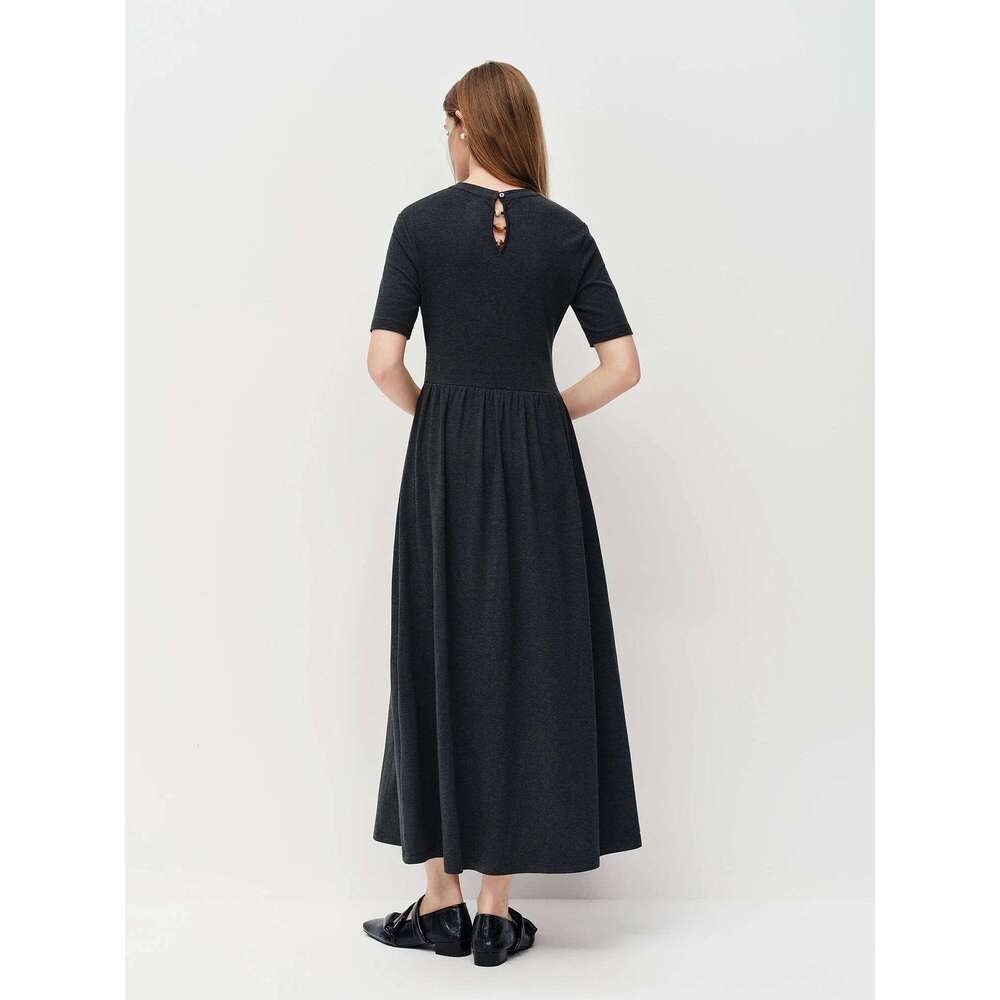 FSLE 2026 Spring Women's Pleated A-Line Long Dark Grey High Waist-Cinching Office Shift Loose Fit Maxi Dress Casual XJ260130