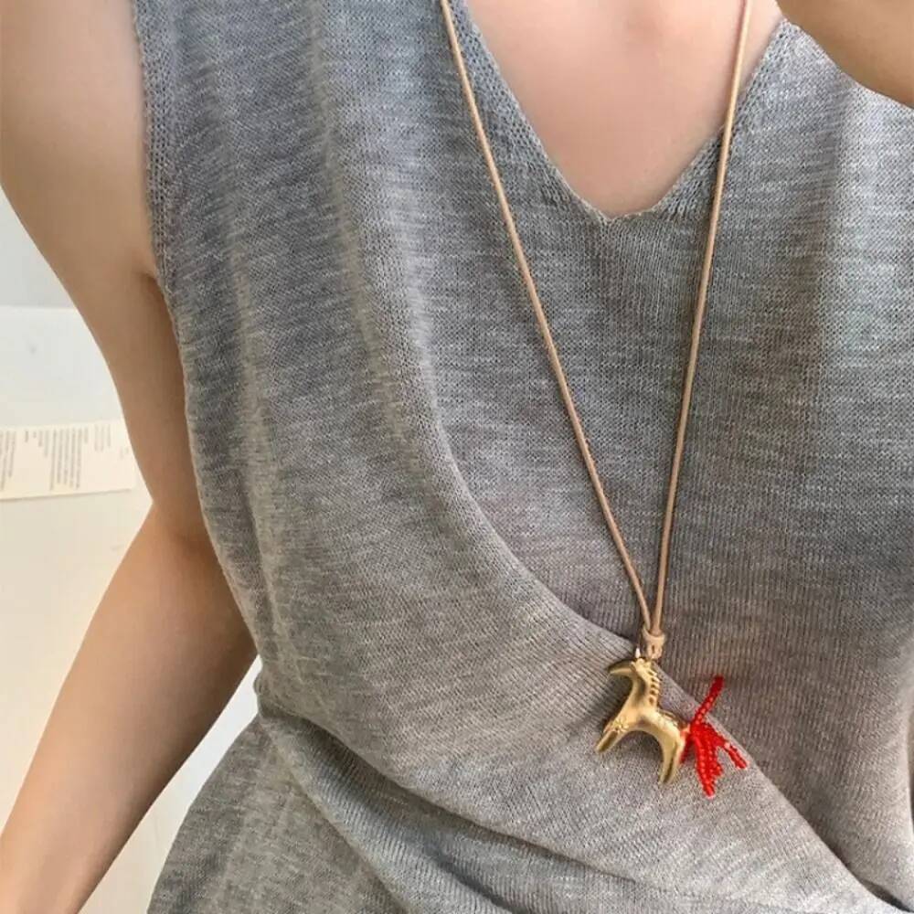 Creative Sweater Chain Pony Pendant Horse Long Wax Rope Jewelry Accessories Golden PU Leather Necklace Women