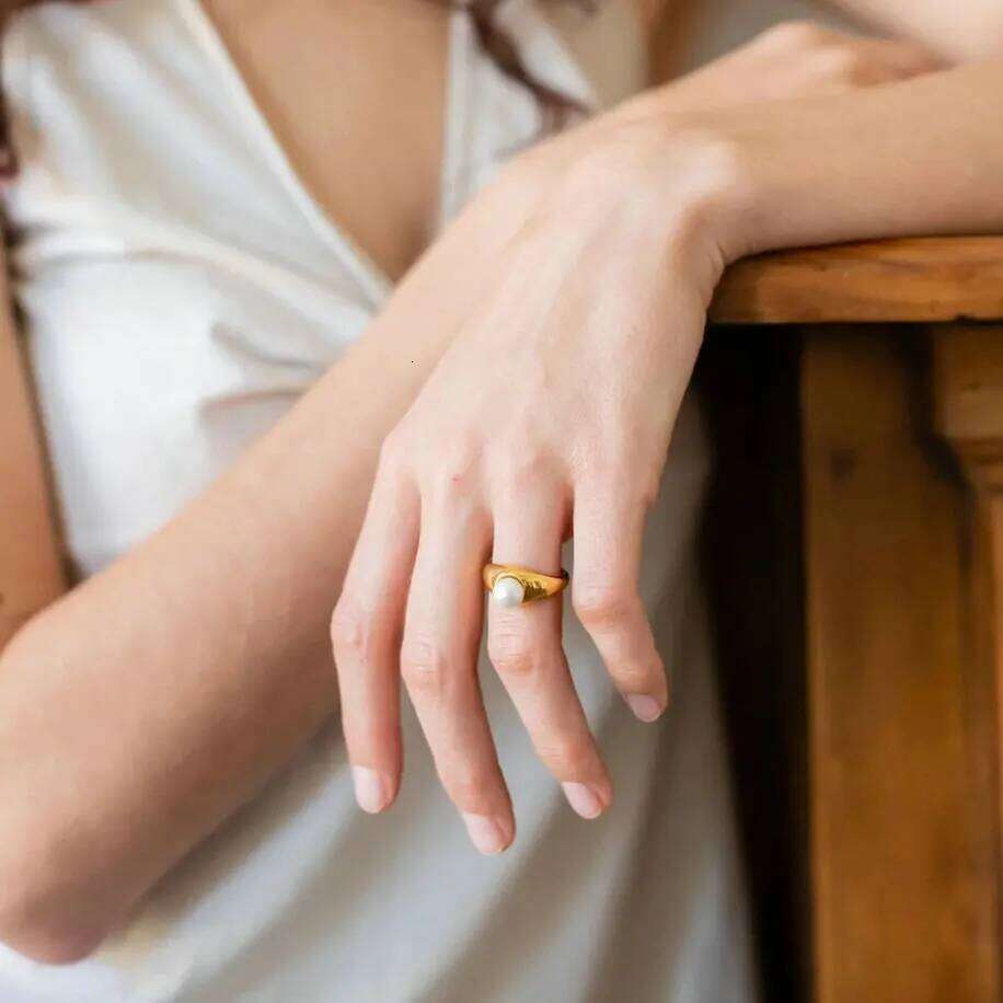 VQYSKO Chic Single Pearl Chunky Stacking Finger Ring Simple Minimalist Couple Anniversary Jewelry XJ260130