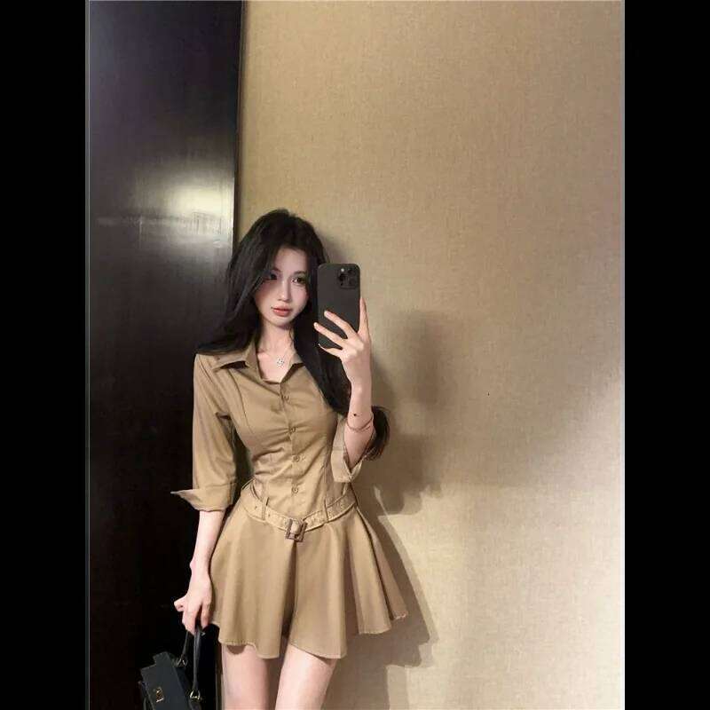 Stylish Hot Girl ollar Three Quarter Sleeve Single Breasted Waist Shirt Design Slimming Dress XJ260130