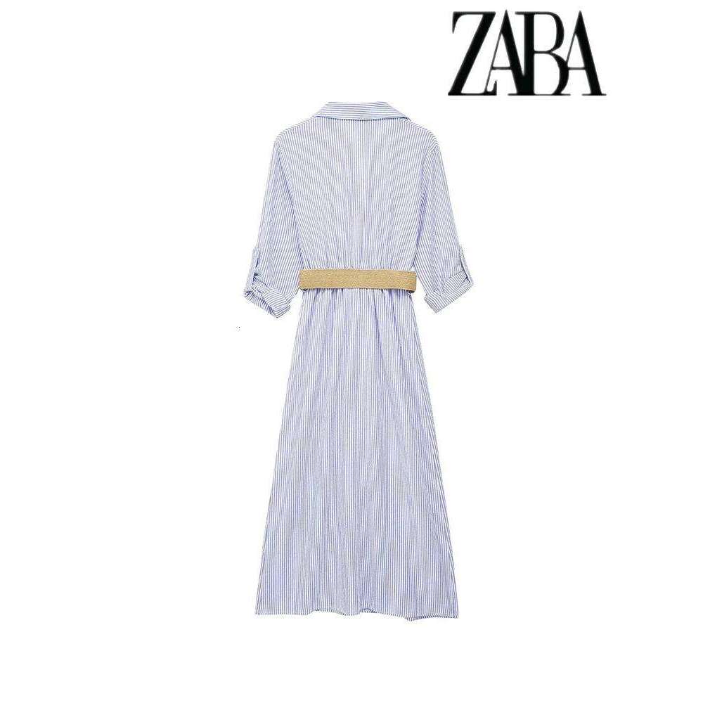 Women's Belted Single Breasted Sleeve Shirt Blue Striped Lapel Dress Street Elegant Commuter Long Dresses XJ260130