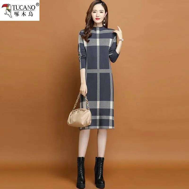 2025 Autumn/Winter New Knitted Dress Over Knee, Half High Neck, Loose Coat, Woolen Dress, Medium to Long Style Pullover Sweater XJ260130