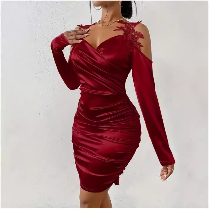 Luxury Brand Designer Clothes 2025 European And American Spring And Autumn New Satin Elegant Lace Bodycon Dress Ruched Dress