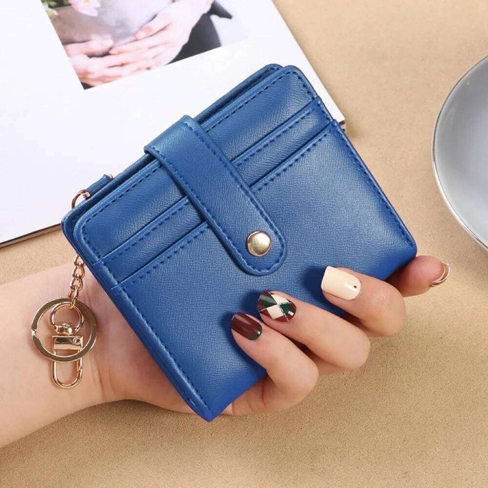 Simple Holder Short Trifold Wallet PU Leather Portable Hangging Card Bag Multifunction with Keychain Pocket Purse Outdoor Z260130