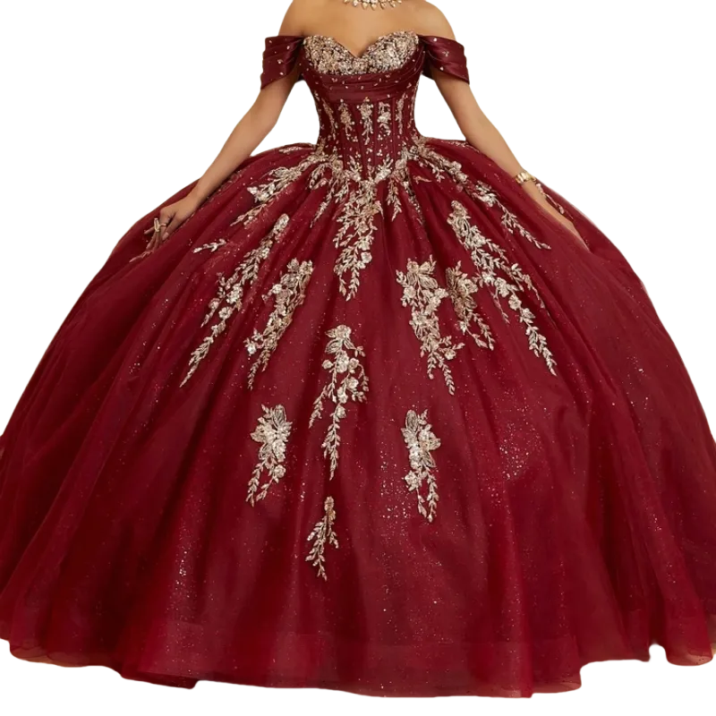 2026 Elegant Burgundy Princess Quinceanera Dresses With Bow Back Gold Lace Appliques Off Shoulder Vintage Ball Gown Sweet 16 Dress Court Train