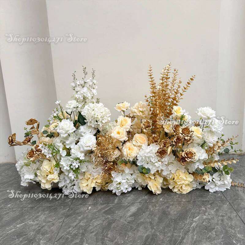 Green Leaf Silk Rose White Hydrangea Floor Flowers Row Wedding Table Floral Commercial Plaza Partition Hotel scene Layout Decor W260130