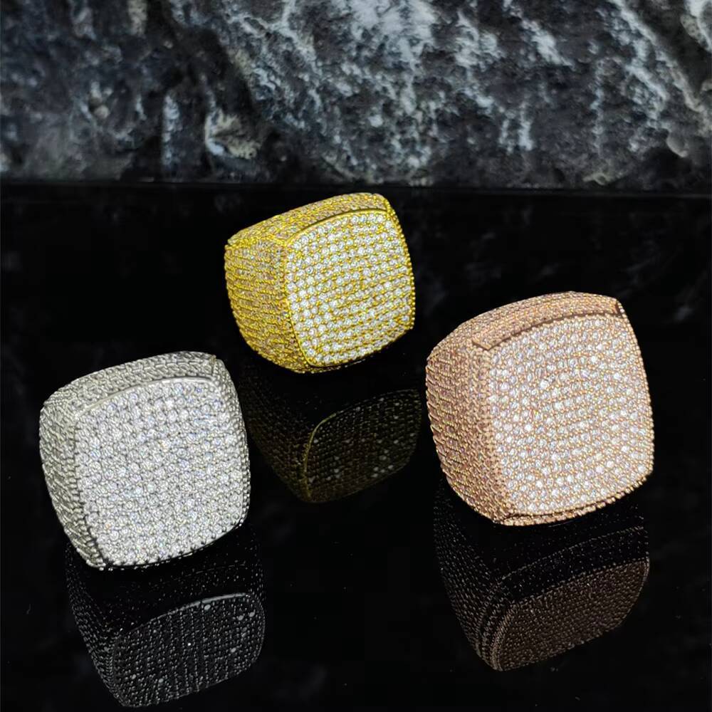 Mens 14K Gold Plated Cuban Square Ring Exquisite Shiny vvs moissanite Micro Pave Inlay Technology for Parties Anniversaries Gift