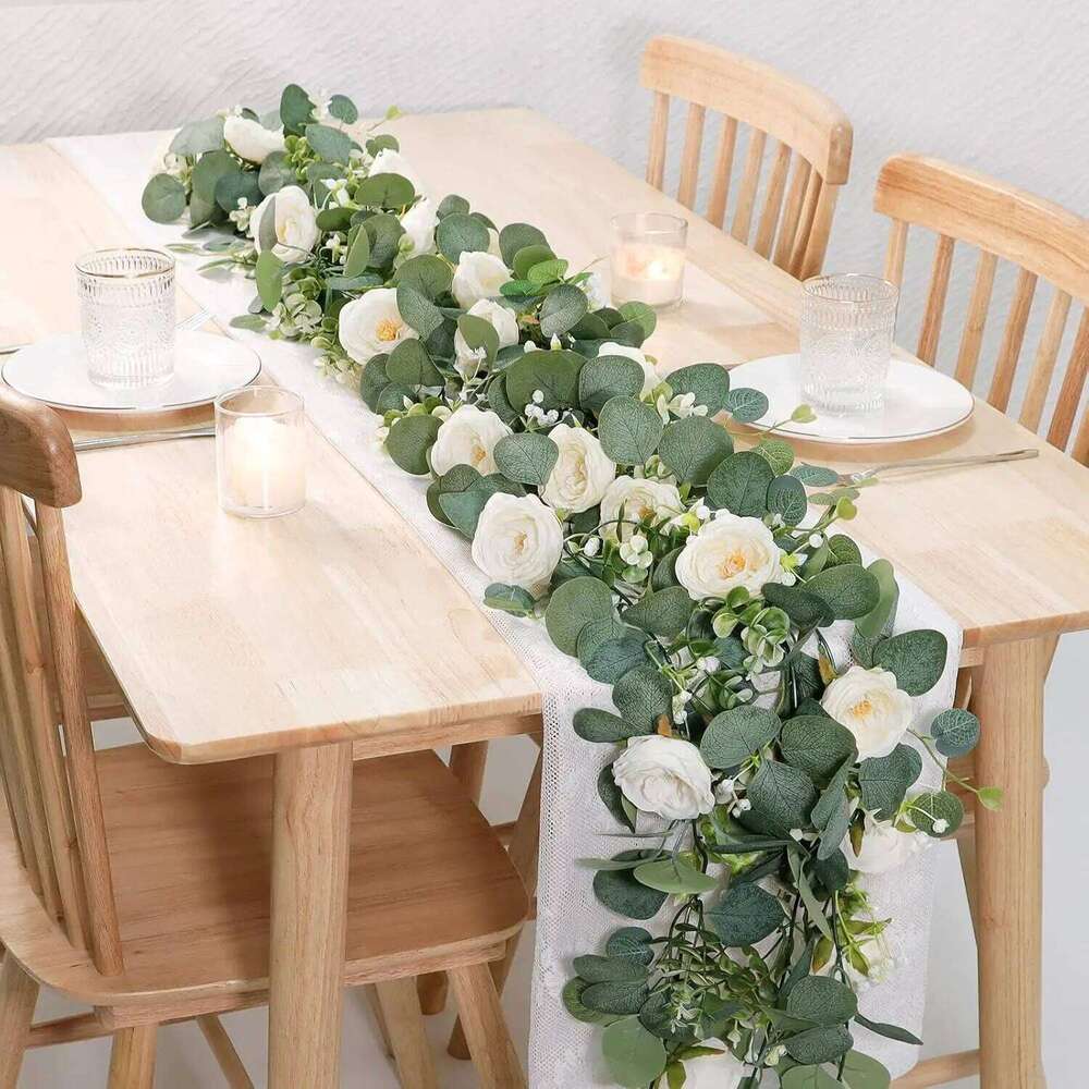 2pc 1.8M Realistic Faux Eucalyptus & White Roses Garland Vine for Wedding Arch Table Centerpiece Balcony Staircase Party Decor W260130