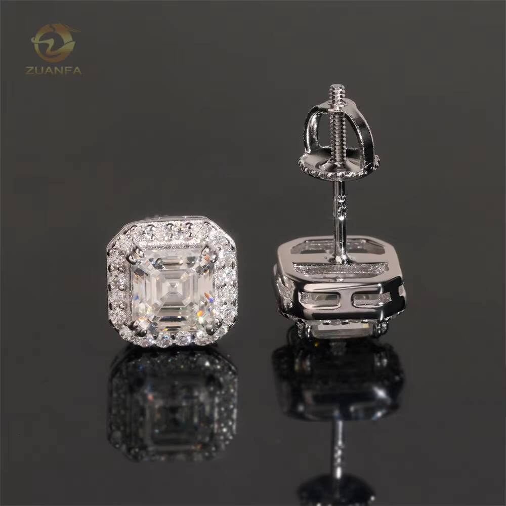Luxury Halo Design Asscher Cut Stud 925 Sterling Silver Mens Hip Hop VVS Moissanite Earrings