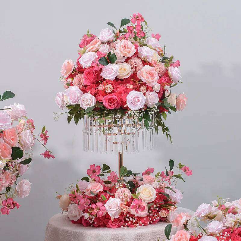 New Hot Pink Rose peony green leaf Artificial Large Runner Row Flower Ball Wedding Backdrop Decoatian Event Party Props Y260130