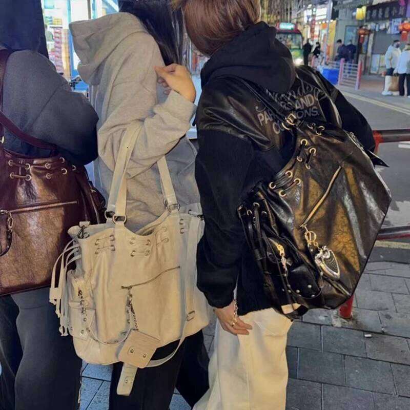 SHELKSBAG Y2k Style Studded String Large Capacity Handbags Woman Pu Leather Shoulder Bag Cool Girl Purse Streetwear Tote Bags Z260130