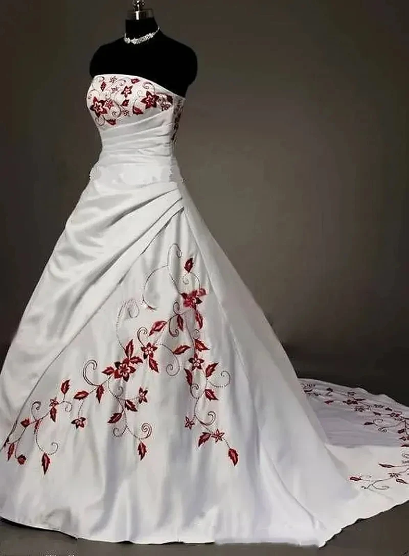 Elegant Burgundy Embroidery Wedding Dresses White Satin A-Line Bridal Gowns Court Train 2026 Chic Bride Dress