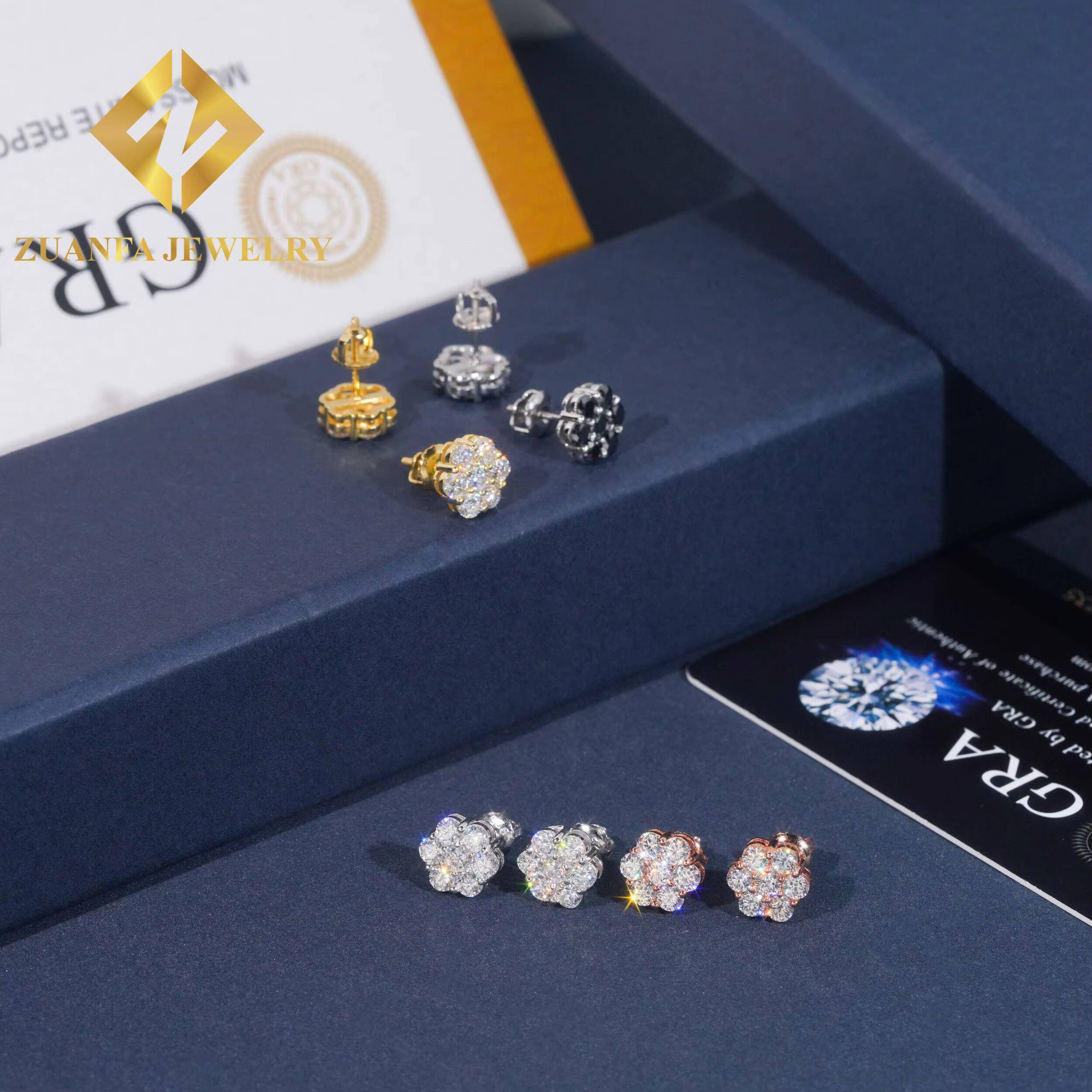 Wholesale Price Hip Hop Sun Flower Design Ice Out Moissanite Stud Earring 925 Sterling Silver Black VVS Moissanite Stud Earring