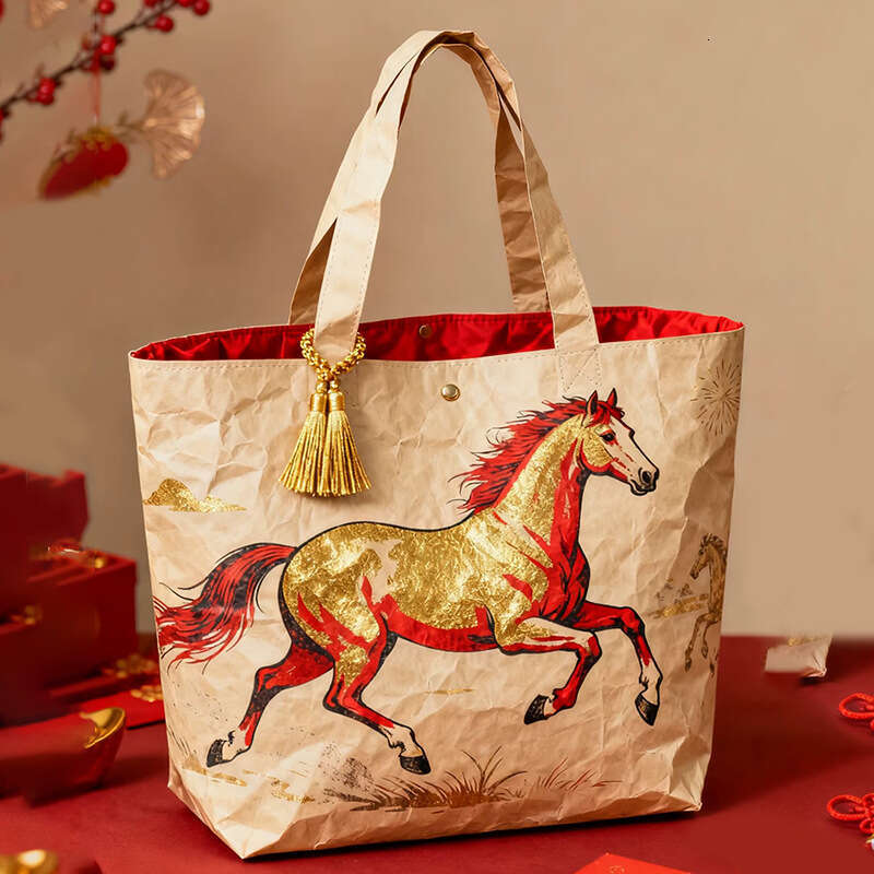 Source Manufacturer Year Of The Horse Zodiac Chinese Style Dupont Paper Shoulder Waterproof Large Capacity Tote Bag Custom Cultural And Creative Gift 