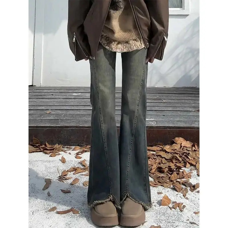 Cement Gray Frayed Hem Flared Micro Flare Jeans for 25 Plus Size High Waist Slimming Hip Covering Elastic Pants in Autumn Winter 260126