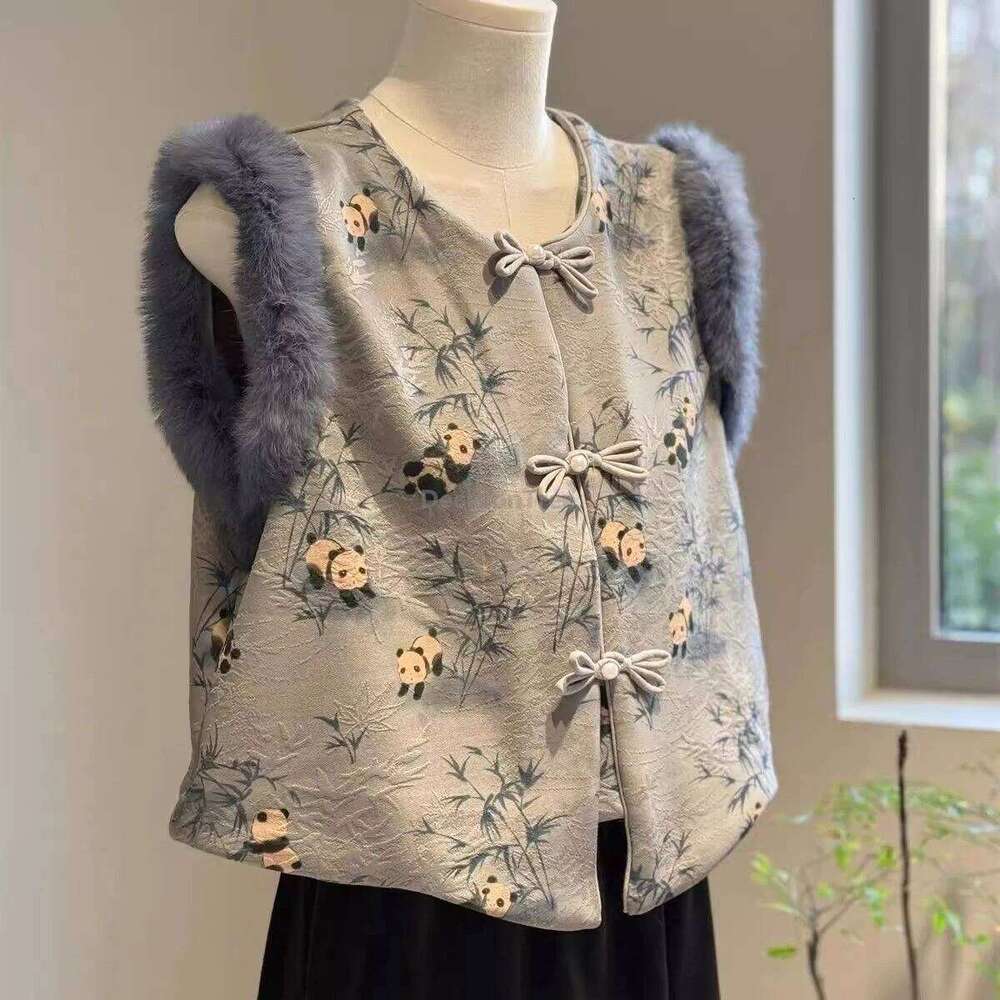 cute panda bamboo printing retro winter warm faux rabbit fur chinese vest fashionable temperament women s singlet