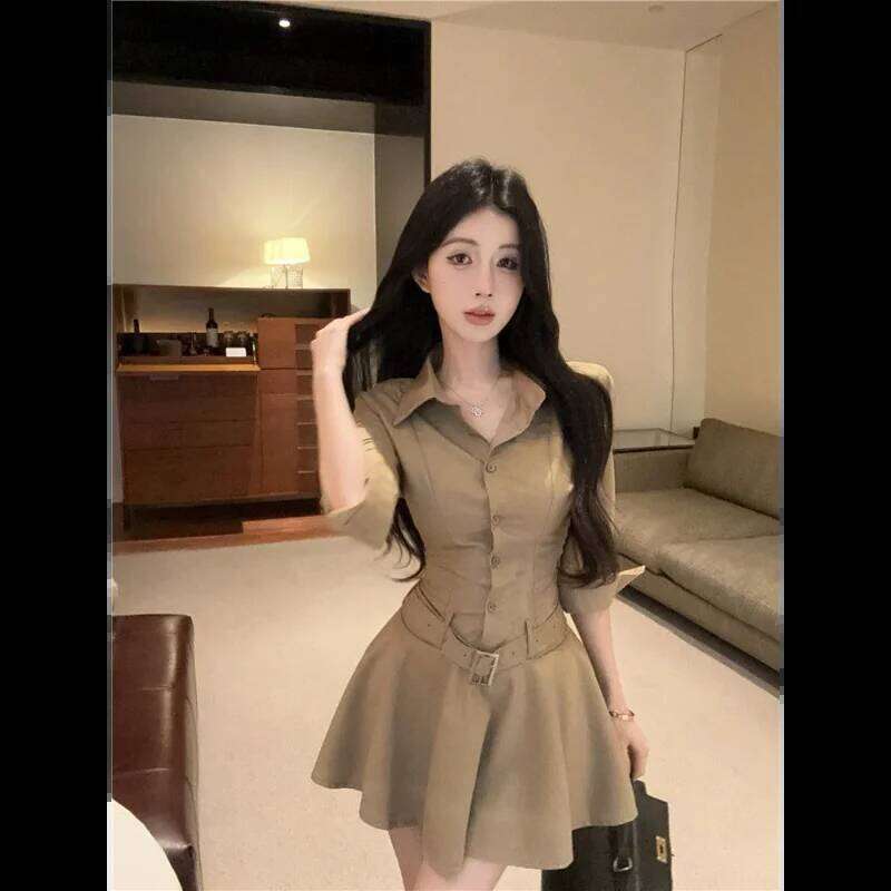 Stylish Hot Girl ollar Three Quarter Sleeve Single Breasted Waist Shirt Design Slimming Dress XJ260130