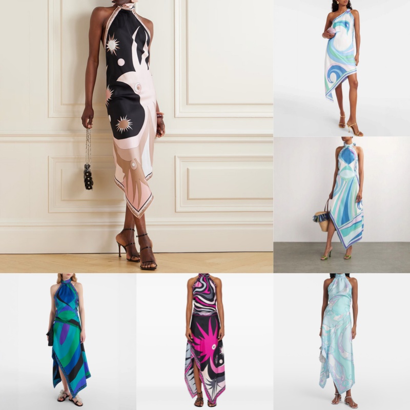 Luxury Women Halter Dress Designer Irregular Printed Dresses Sexy Backless Triangle Vest Slit Skirts Outfits Summer Beach Resortwear