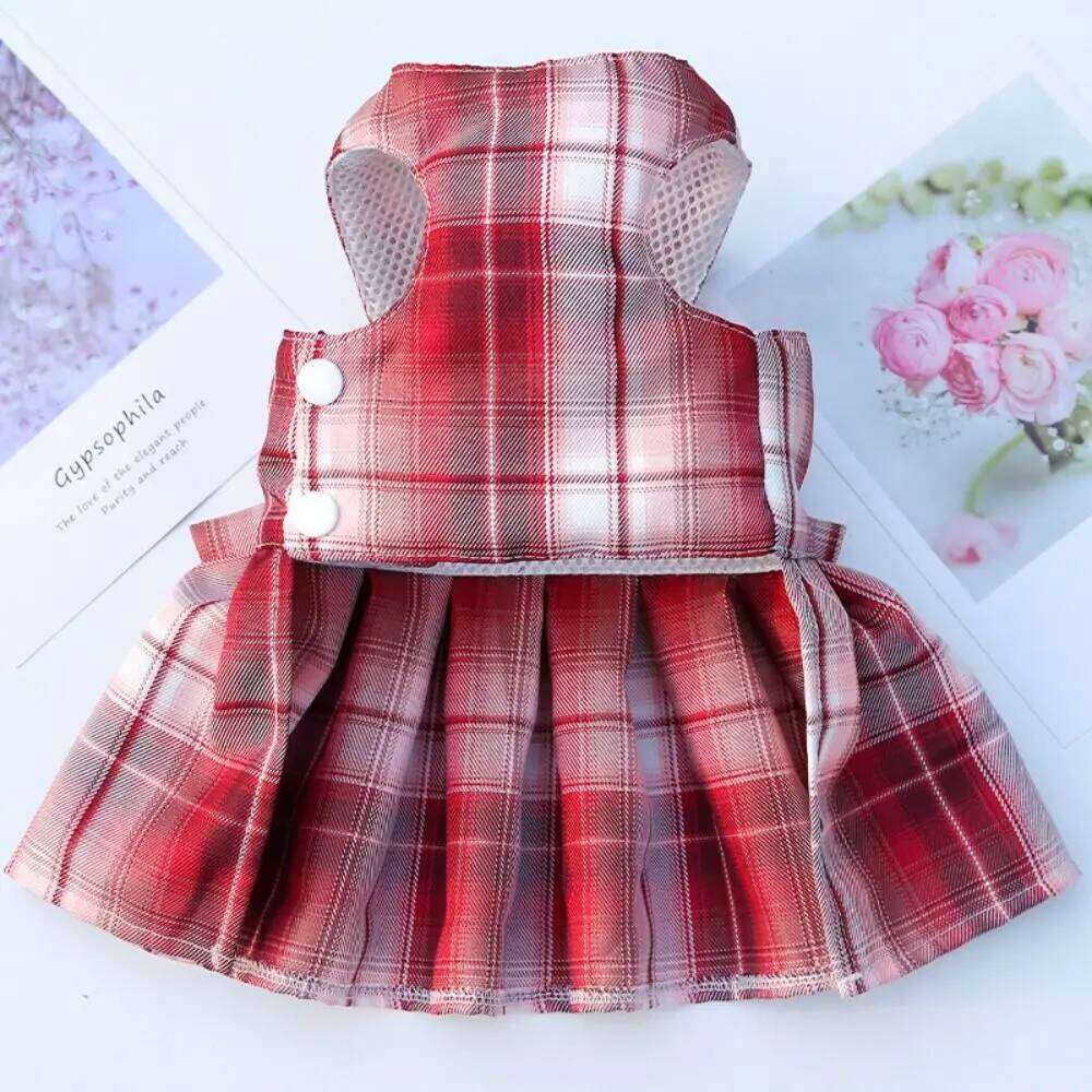 Reusable with Leash Traction Plaid JK Dress Thin Dacron Pet Harness Comfortable Washable Dog Bow Skirt Cat H260129