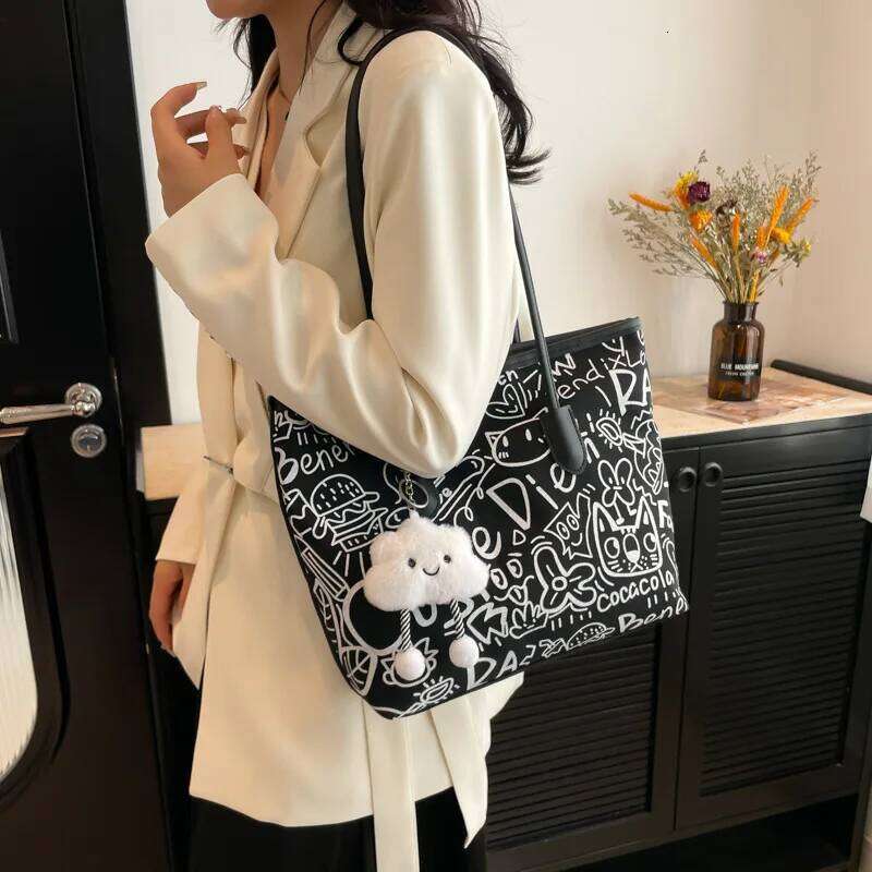 Women's Summer New Casual, Versatile Large-capacity Student Tote Black Color Simple Single-shoulder Bag Canvas Z260130