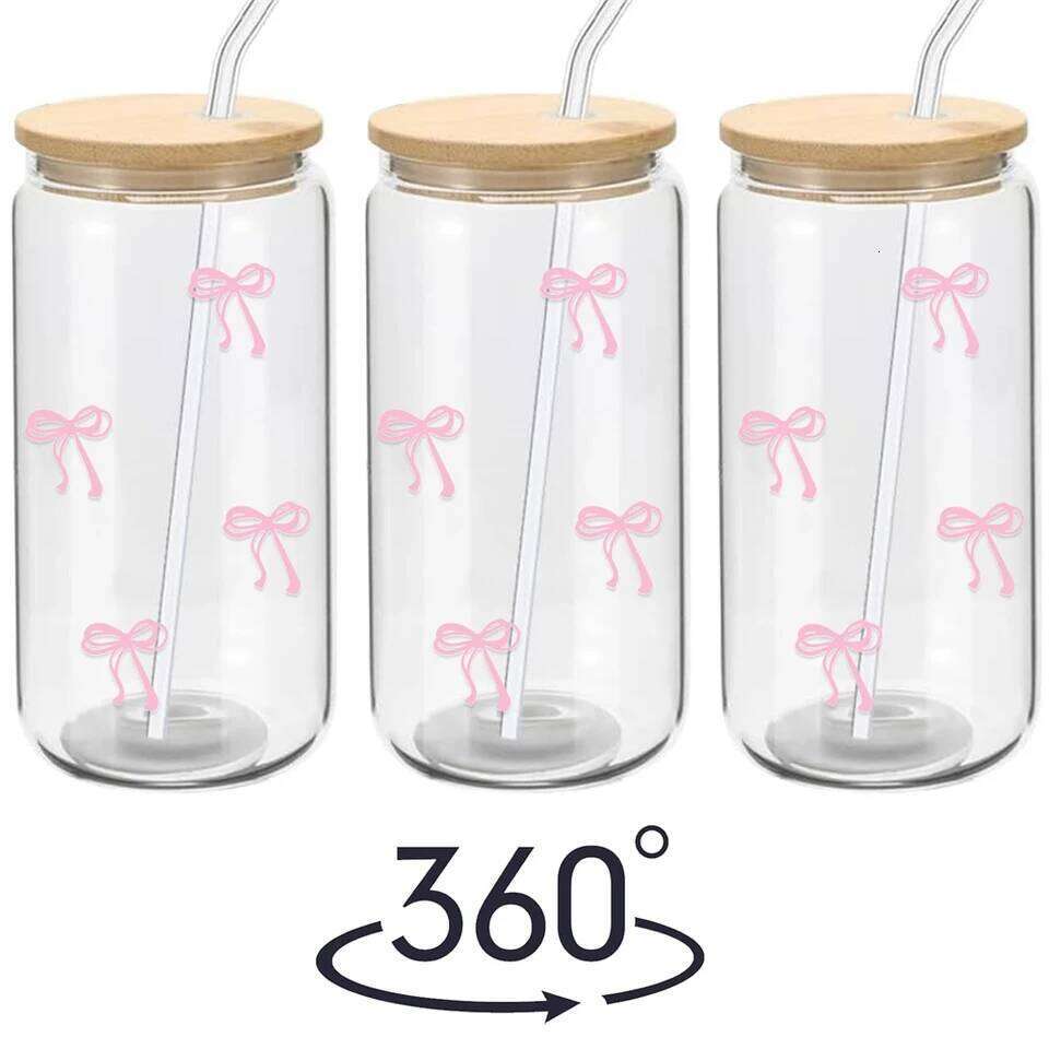 Drinking Utensils Pink Bow Glass Tumbler 500ml With Lid Straw For Outdoor Water Bottles Home Tableware High-Temperature Resistant Luxury Tea Coffee Cu