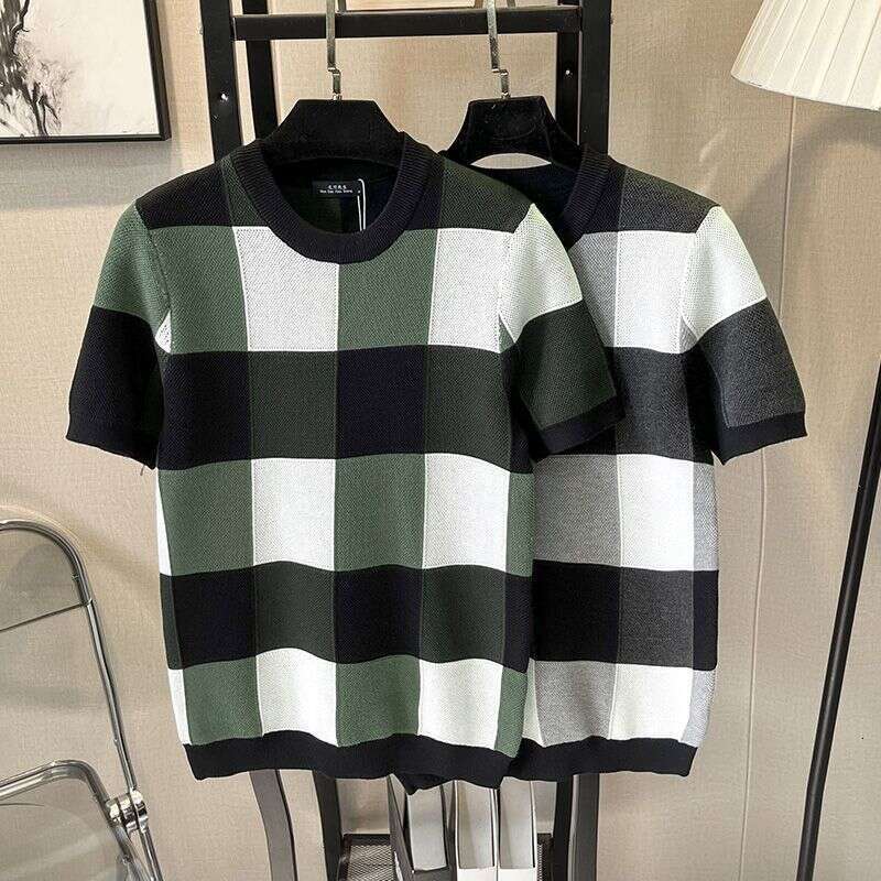 Men's Knitted Shirt Autumn Winter New Plaid Sweater Half Sleeve Round Neck Slim Fit Fashion Trendy Brand Top Youth