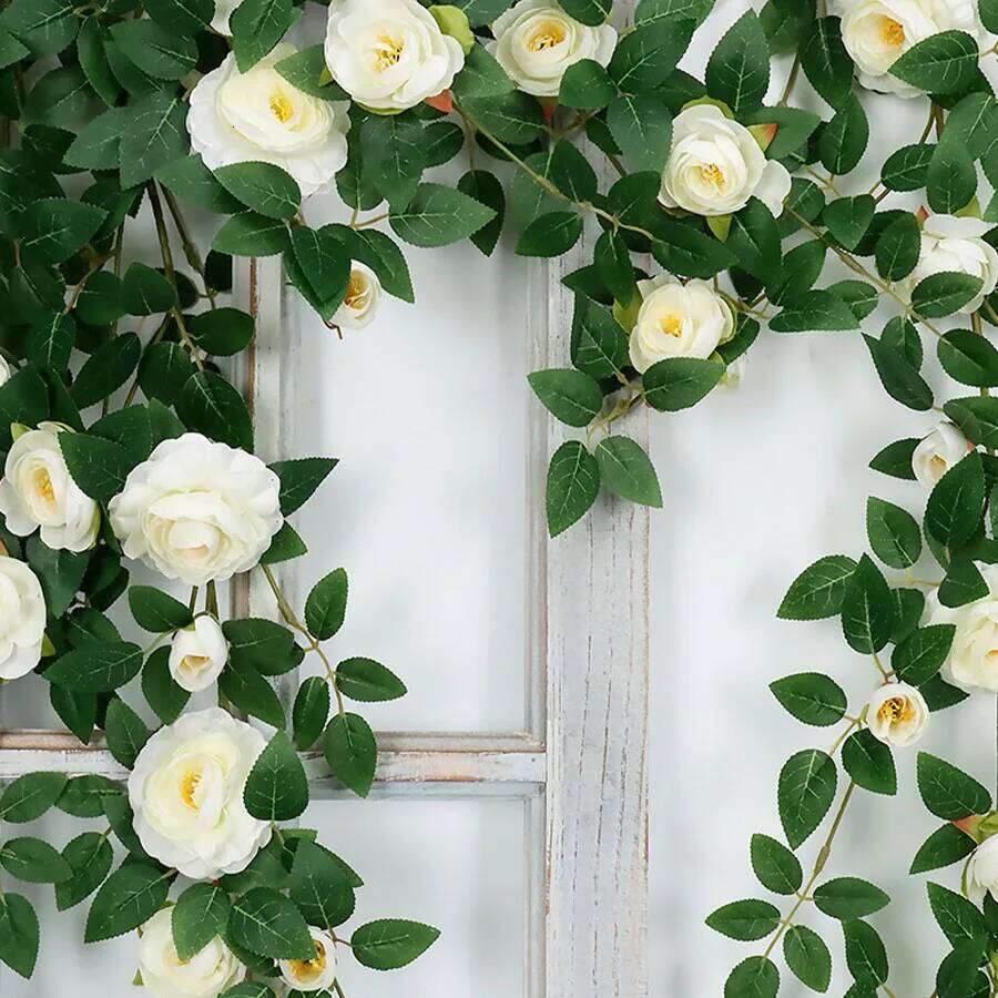 1pc 200cm/6.5ft Artificial White Rose Vines Floral Garlands Total, Fake Vine Silk Flower Garland for Indoor, Outdoor Home Wedding Y260130