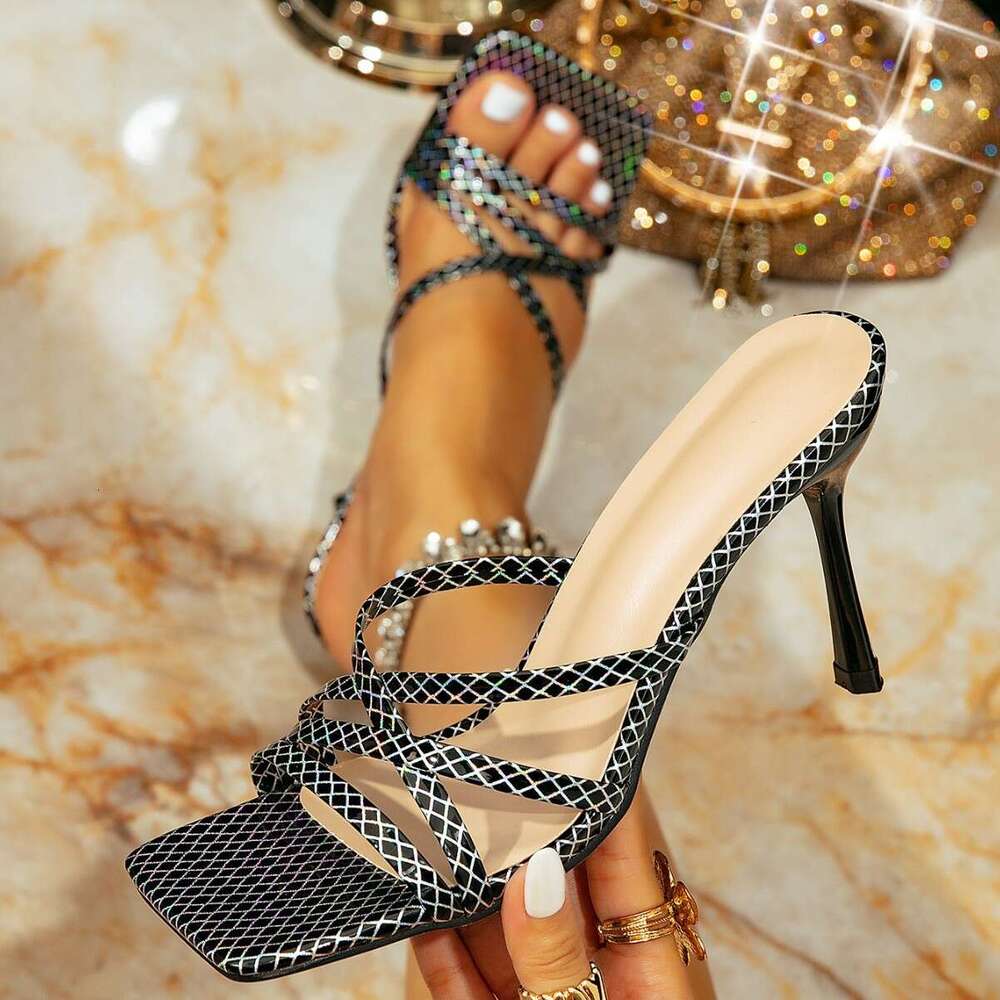 Design Shoe Largr Size 42 black grid Retro Shoes Wrap Strap Slip-On Sandals Women's Fashion Sexy Stiletto High Heels