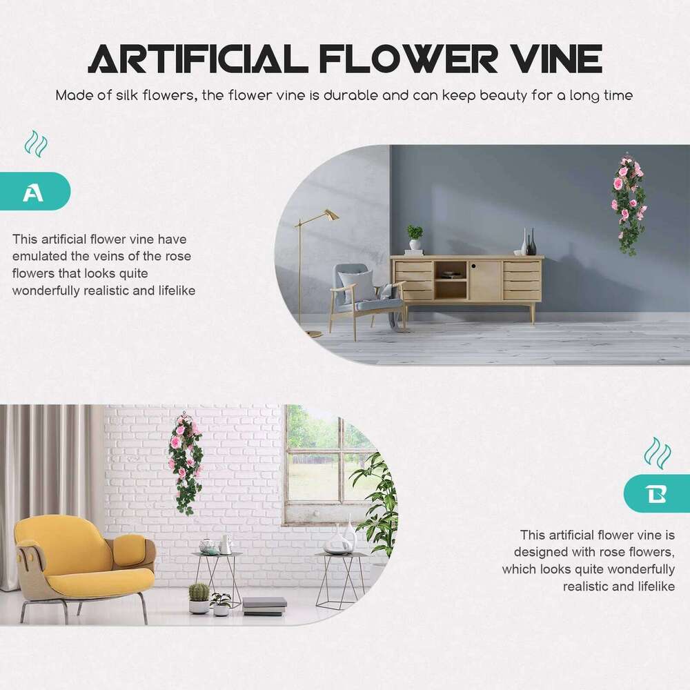 1Set Fake Rose Vine in Basket Lifelike Artificial Hanging Flower Vines for Aisle Balcony Cafe Restaurant Decor W260130