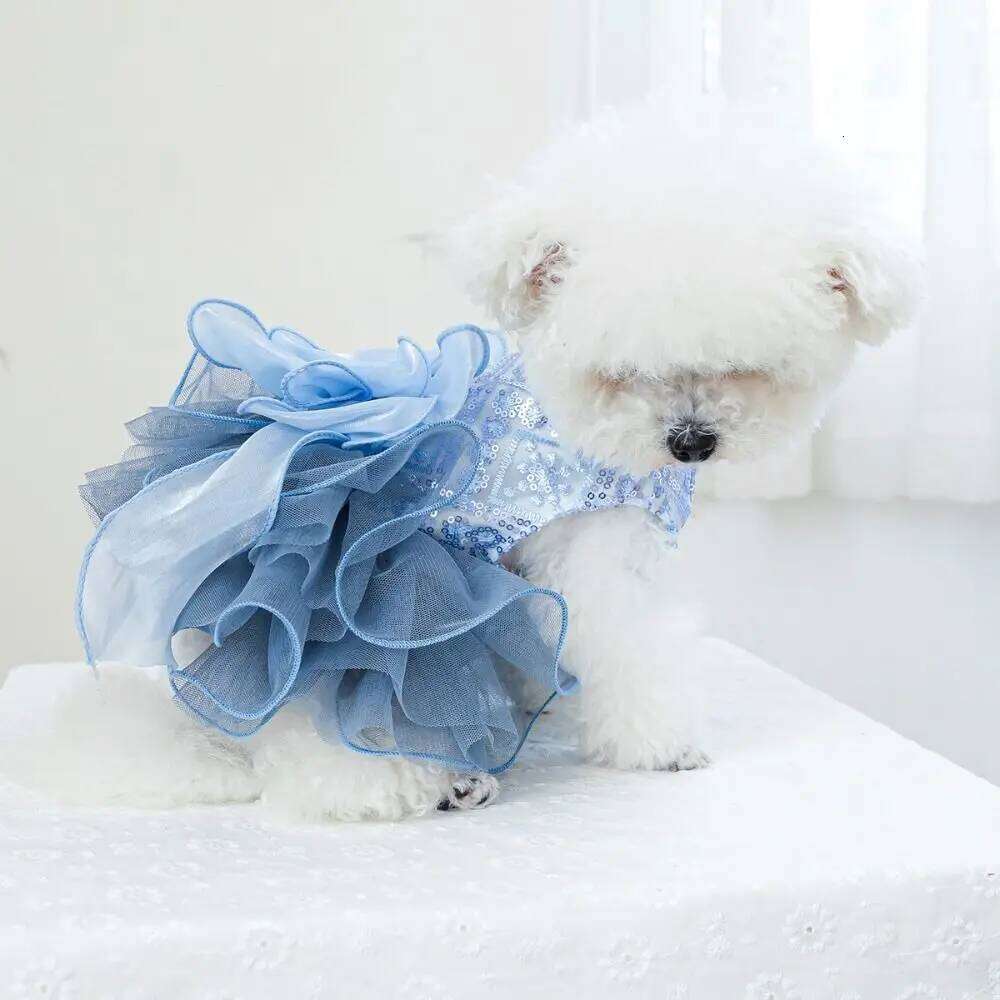 Fashion Fluffy Pet Princess Soft Blue Puppy Fairy Skirt Big Bow Breathable Cat Dog Wedding Dress Photograph Prop H260130