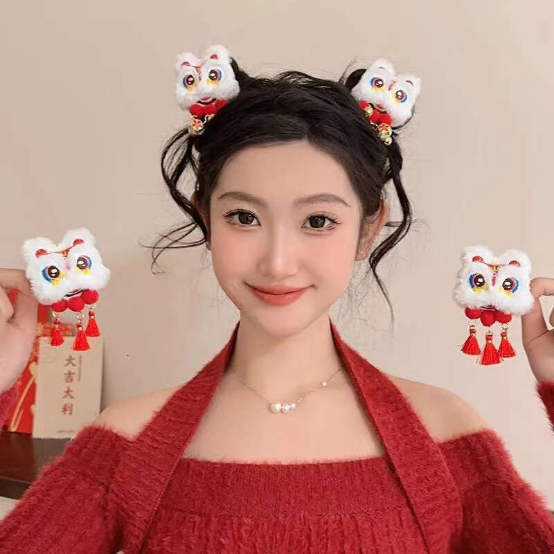 New Year Lion Dance Tassel Girls Duckbill For Children Double Bun Side Bang Clip Hair Accessory Yuansiqi
