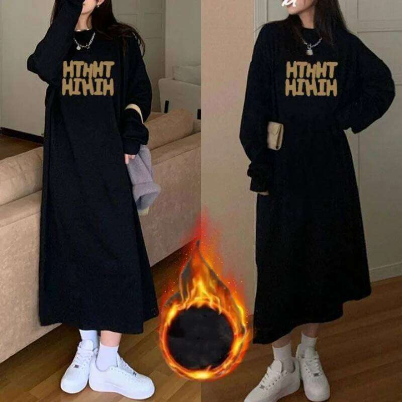Korean Fashion Autumn Winter Long Knee Length Dress Women's Round Neck Printed Letters Patchwork Loose Fleece Thick Warm Dresses XJ260130