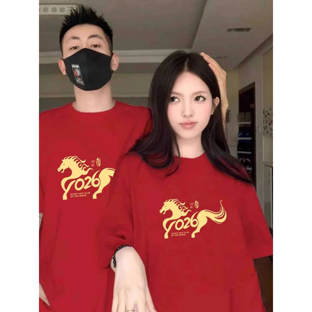 New Year Chinese Zodiac Cotton T irt ort Sve Loose Women s Top Couple Matching Red Color Faion Trend luanyun
