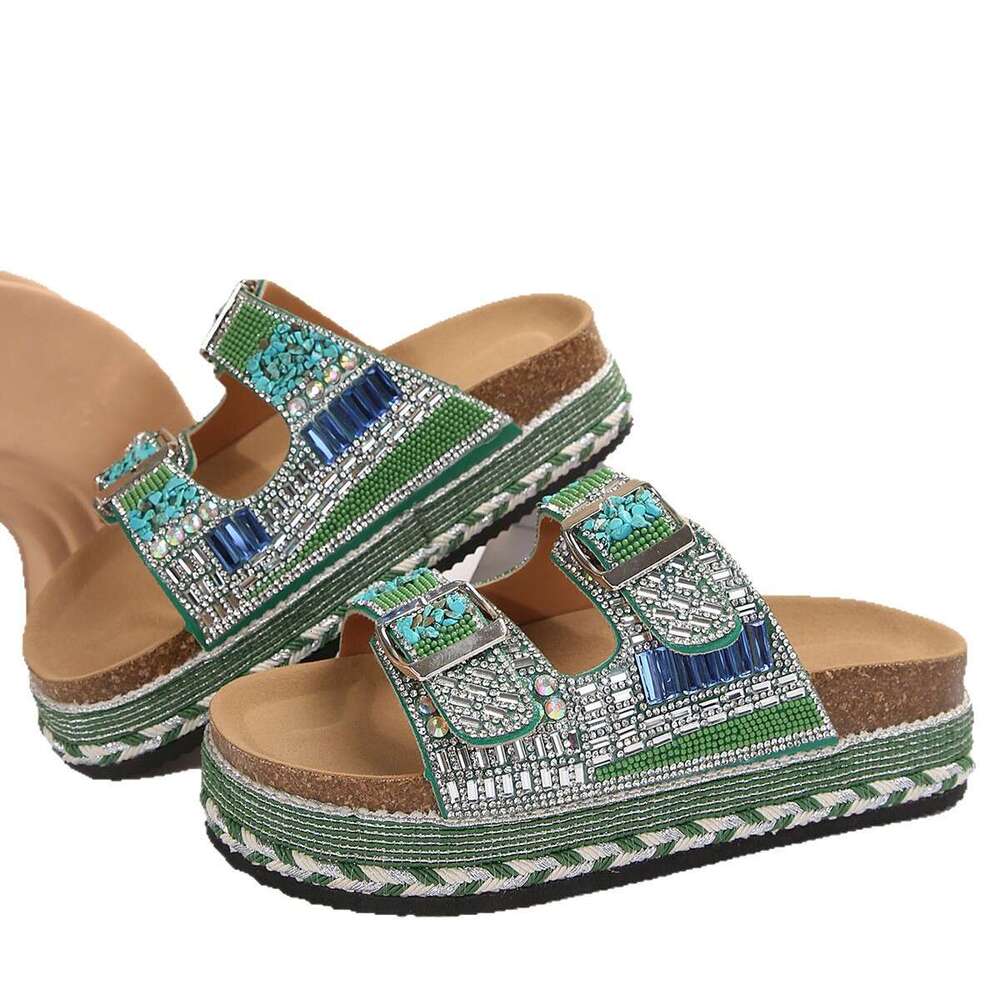 In Stock New Foreign Trade Hemp Rope Double Buckle Rhinestone Slippers for Women Summer Cork Thick Sole Beach Sandals Size 43