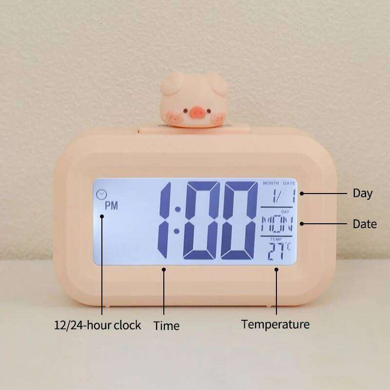 Animal LED Digital Rome Decor Cartoon Pig Alarm Clock with Night Light Room Cute Watch Bedroom Bedside Ornaments W260130