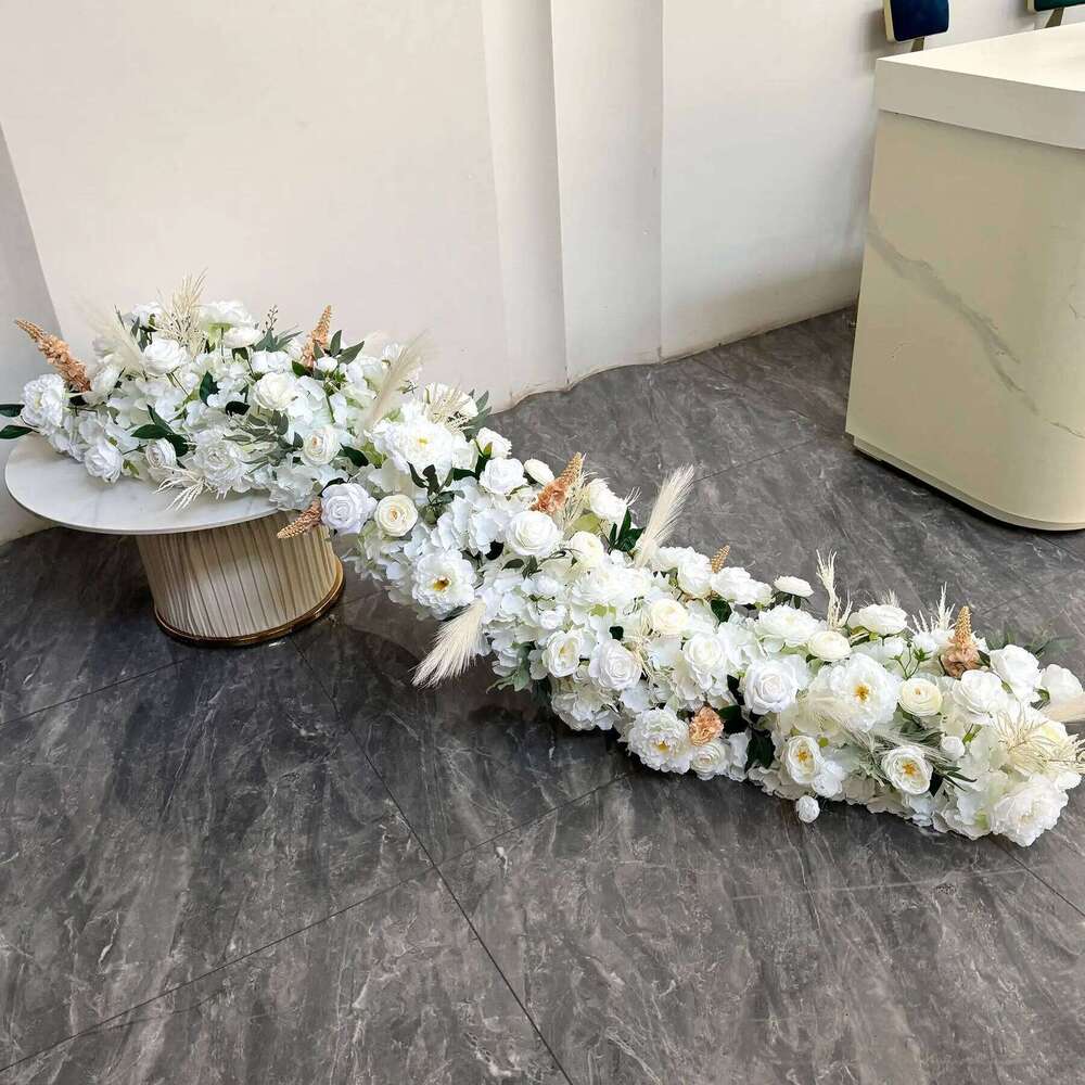 Uflower 100/200cm White Rose Green Leaf Artificial Long Runner Row Flower Wall Wedding Backdrop Decor Event Party Props Y260130