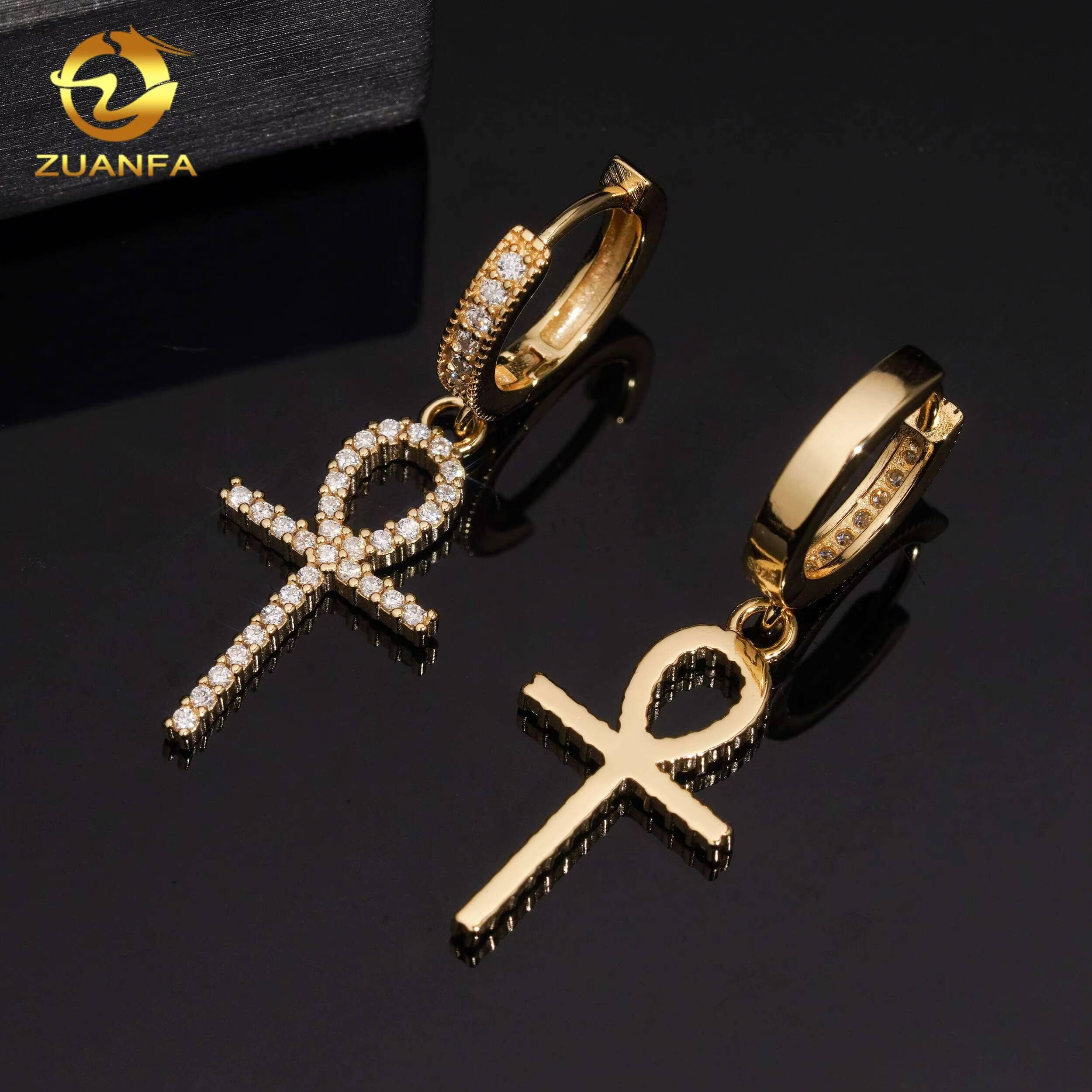 37mm Tall One Row Ankh Cross Stud Earrings Moissanite 925 Silver Real Gold Plated Hip Hop Jewelry Mens Moissanite Earrings