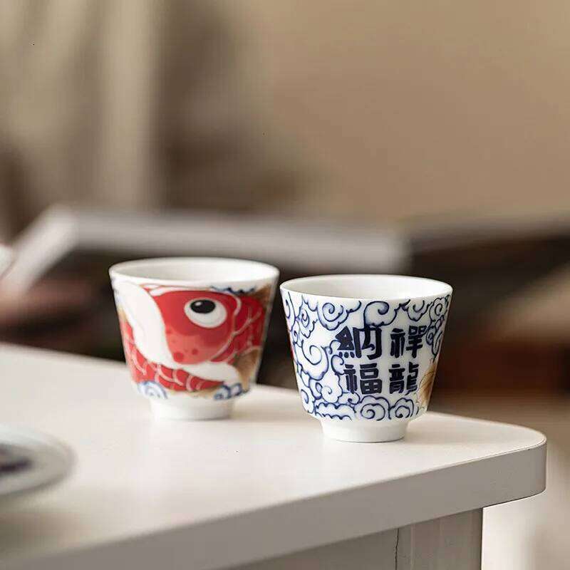 1 Pc Chinese Vintage Porcelain Handmade Dragon Fish Ceramic Teacup Household Tea Bowl Teaware Personal Meditation Cup