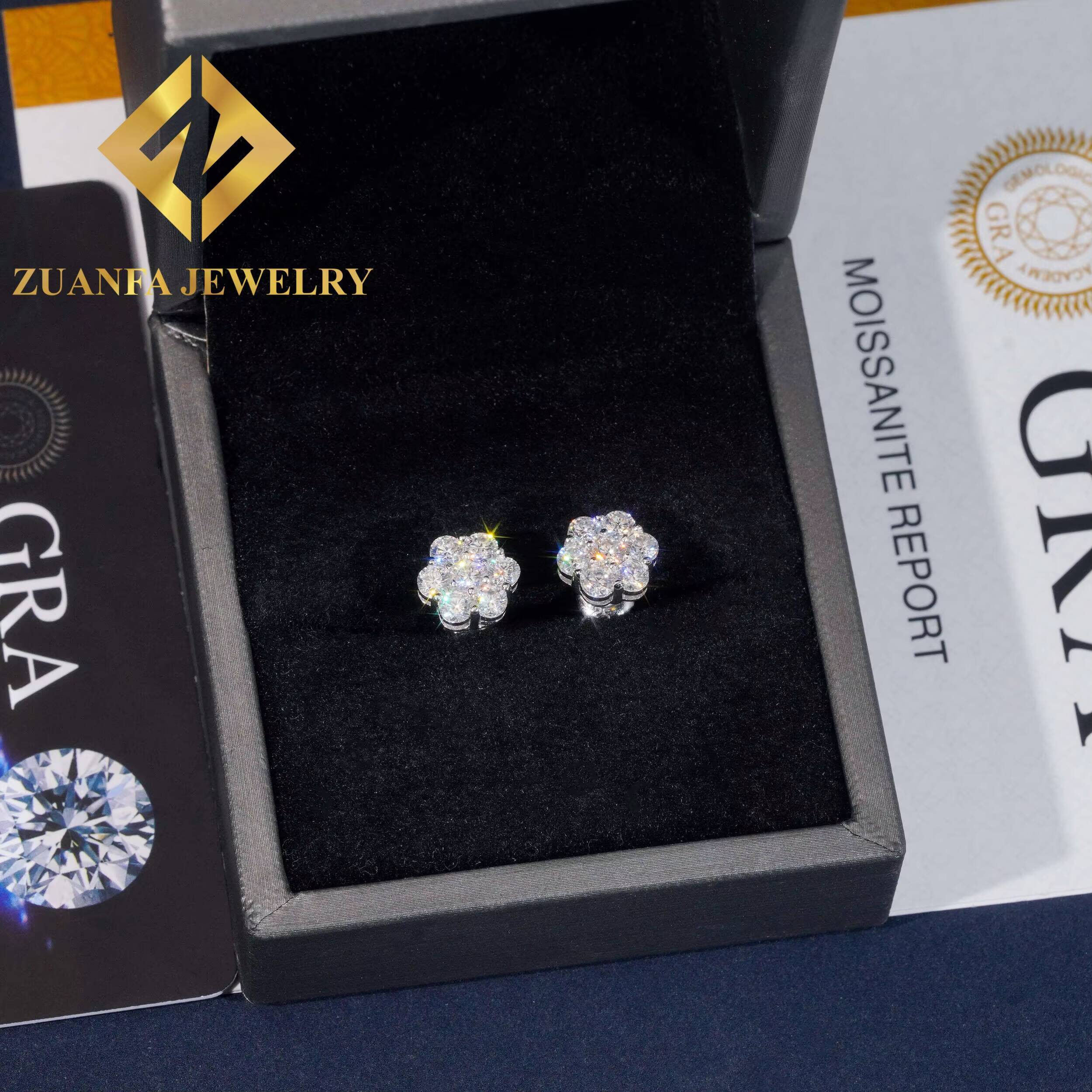 Wholesale Price Hip Hop Sun Flower Design Ice Out Moissanite Stud Earring 925 Sterling Silver Black VVS Moissanite Stud Earring