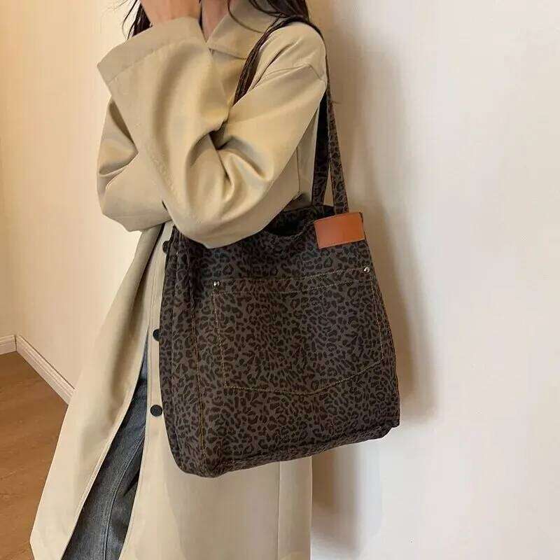 Leopard Pattern Tote Vintage Canvas Shoulder Bag Fashion Big Capacity Handbag For School Work Shopping Z260130